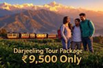 Beautiful sunrise view from Tiger Hill, Darjeeling with Kanchenjunga mountains glowing golden, Darjeeling toy train passing through green tea gardens, happy Indian couple enjoying scenic view, bright and colorful composition, bold stylish Hindi-English text "Darjeeling Tour Package ₹9,500 Only", suitcase and travel icons, cinematic ultra-realistic style, perfect for YouTube thumbnail, 1280x720