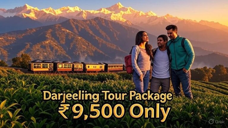 Beautiful sunrise view from Tiger Hill, Darjeeling with Kanchenjunga mountains glowing golden, Darjeeling toy train passing through green tea gardens, happy Indian couple enjoying scenic view, bright and colorful composition, bold stylish Hindi-English text "Darjeeling Tour Package ₹9,500 Only", suitcase and travel icons, cinematic ultra-realistic style, perfect for YouTube thumbnail, 1280x720