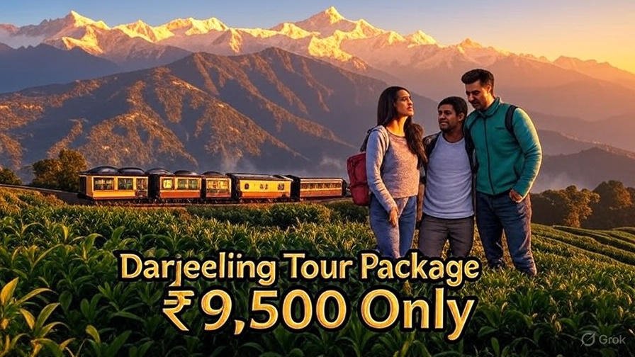 Beautiful sunrise view from Tiger Hill, Darjeeling with Kanchenjunga mountains glowing golden, Darjeeling toy train passing through green tea gardens, happy Indian couple enjoying scenic view, bright and colorful composition, bold stylish Hindi-English text "Darjeeling Tour Package ₹9,500 Only", suitcase and travel icons, cinematic ultra-realistic style, perfect for YouTube thumbnail, 1280x720